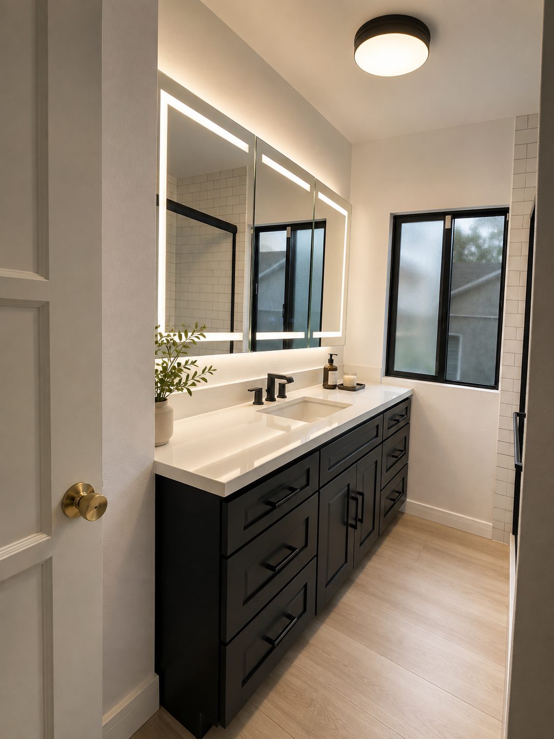 Completed bathroom with black vanity, lit mirror and brass fixtures