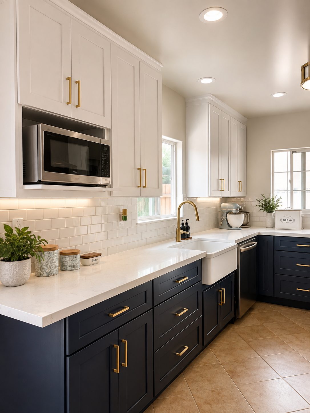 Finished navy kitchen with brass hardware
