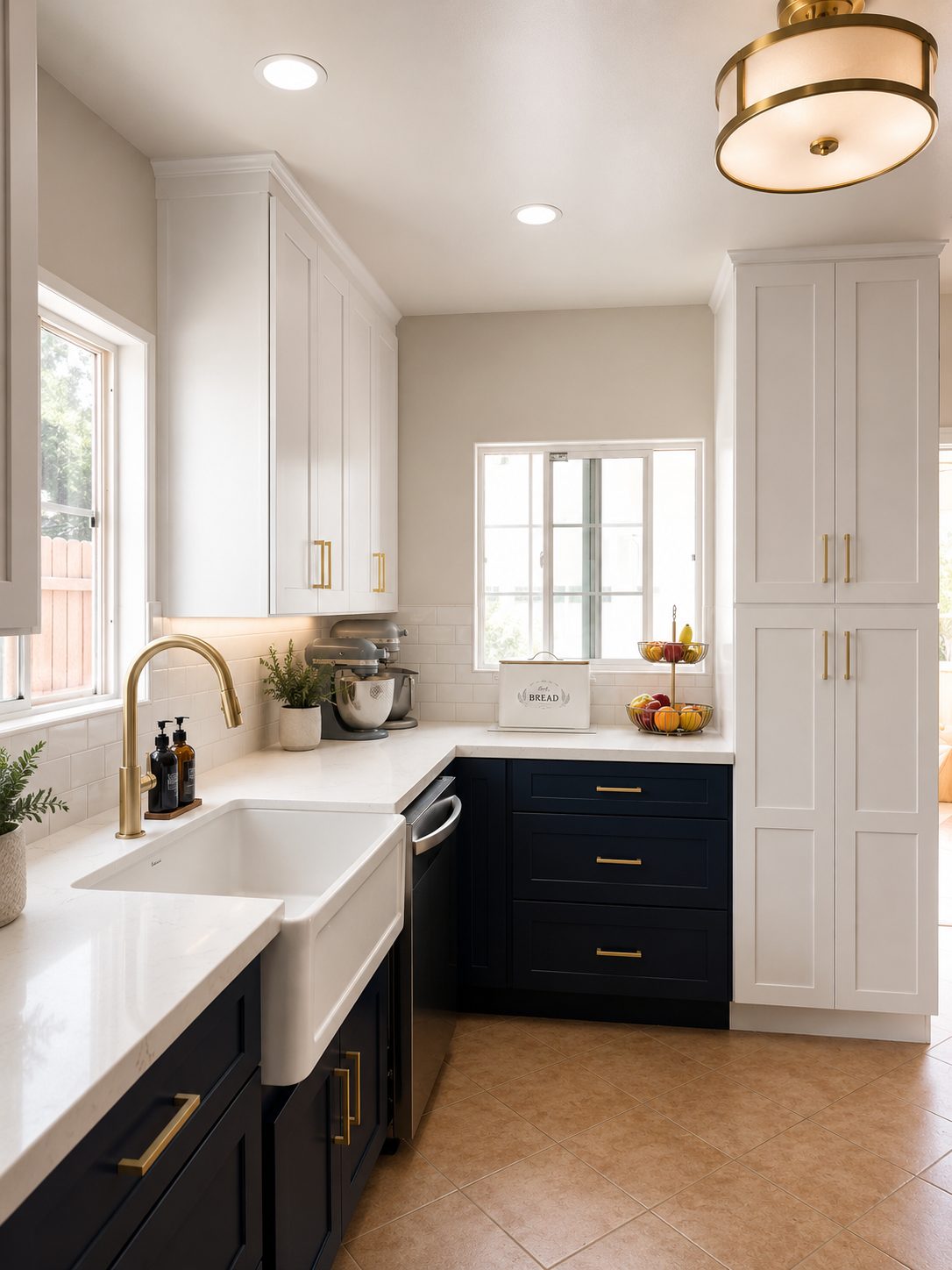 Farmhouse sink with brass faucet