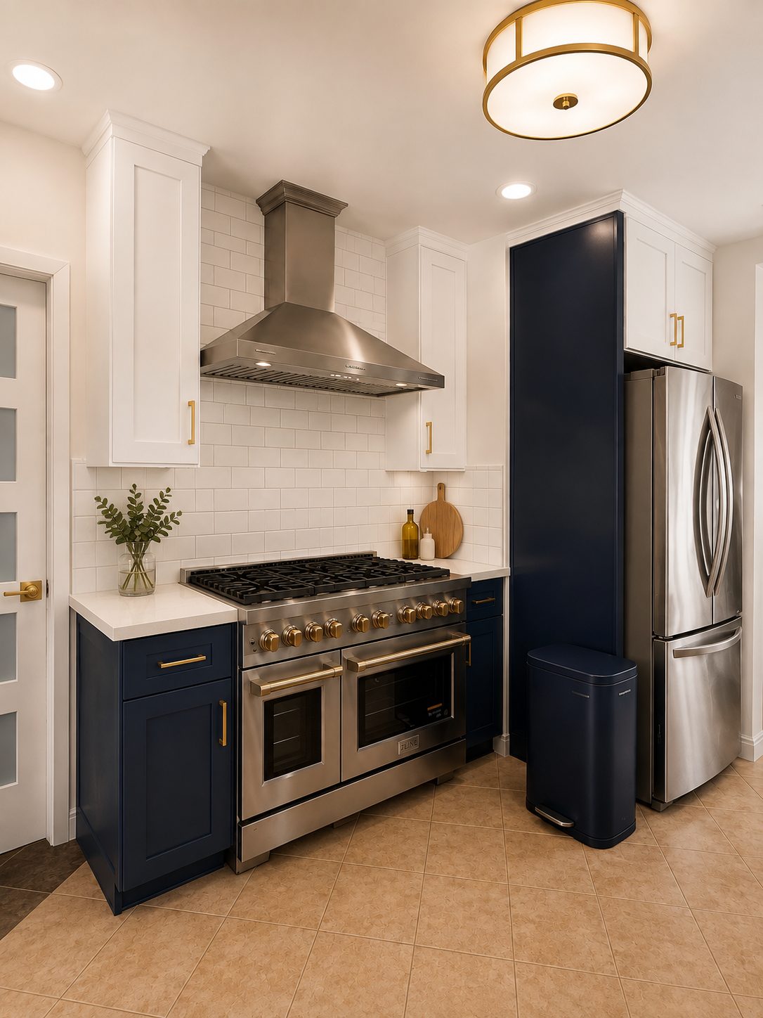 Range wall with stainless hood